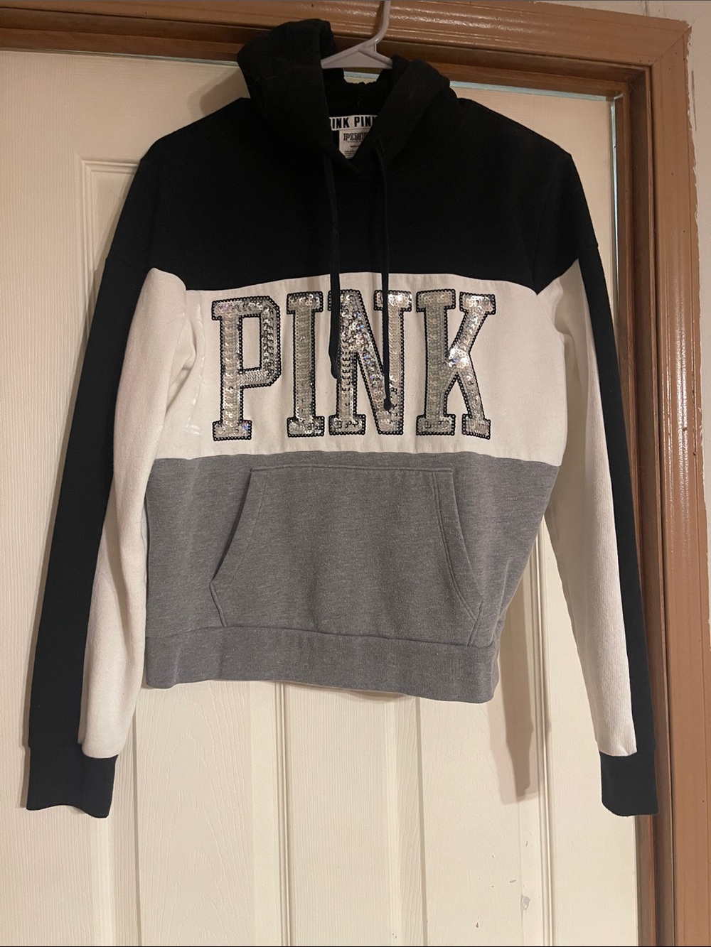 PINK Victoria's Secret Black, White & Gray Colorblock Hoodie with Sequin Logo